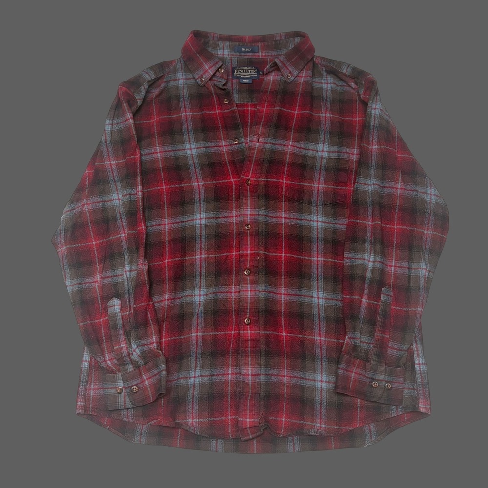 Pendleton Mason Flannel Shirt Mens XL Red Grey Plaid Button Down Long Sleeve